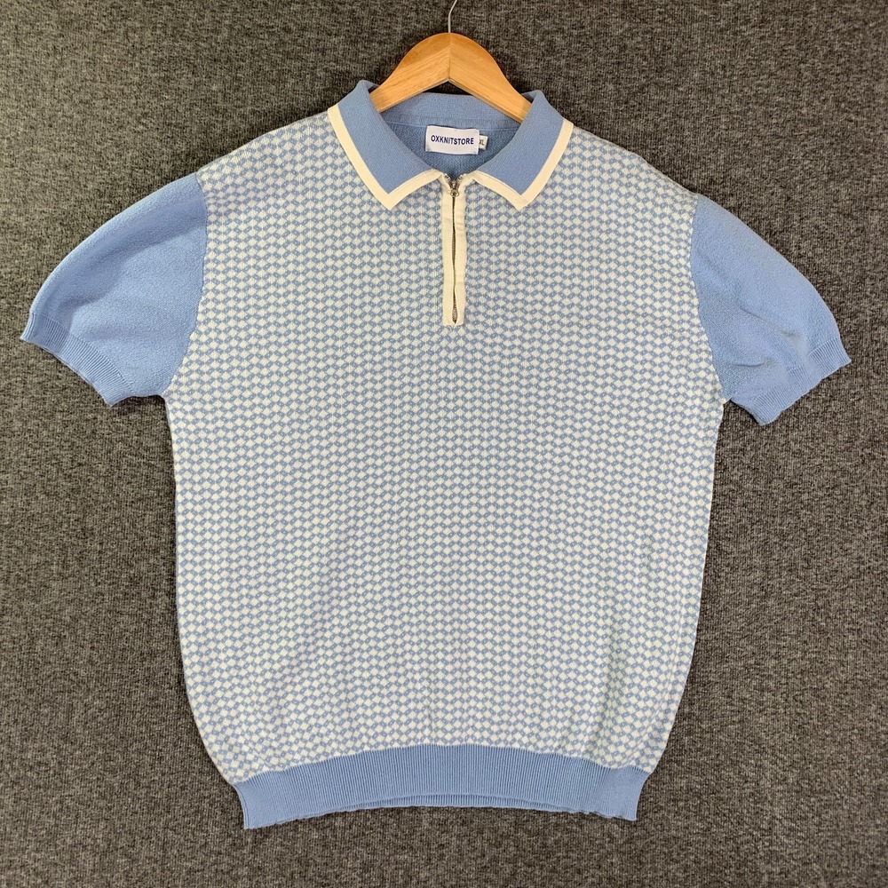 Oxknit Polo Men Extra Large Blue Short Sleeve 1/4 Zip 70's Hippie Retro